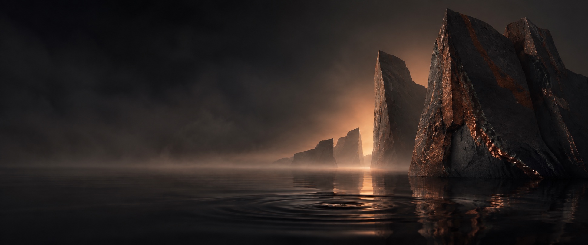 Strong black slate formations rising from still water in warm copper light and atmospheric mist