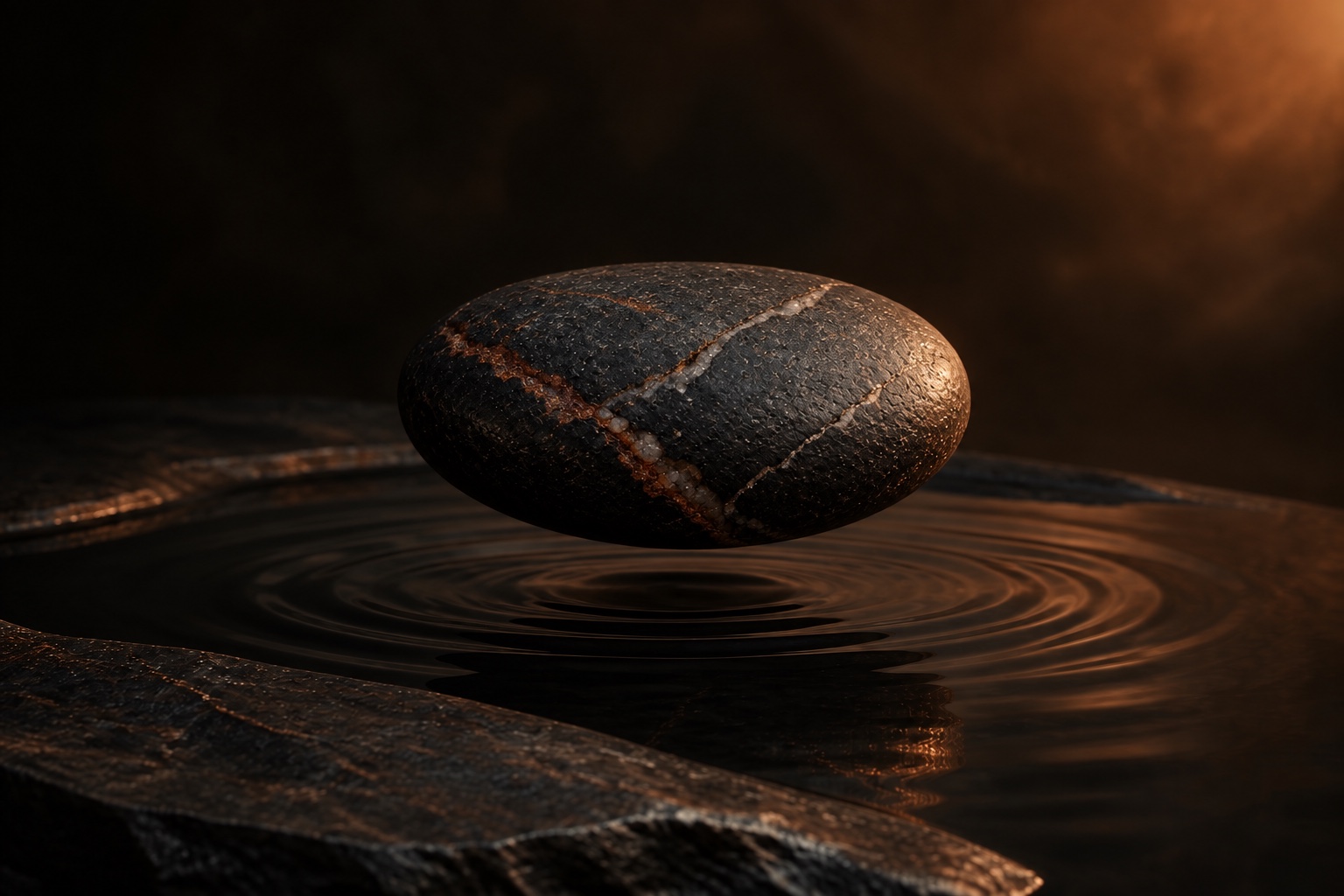 Copper-veined stone above still water, conceptual imagery
